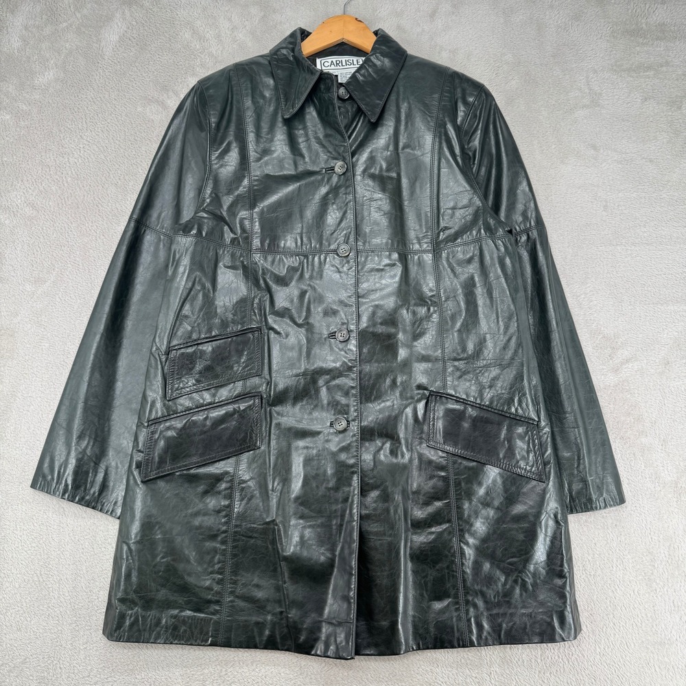 Vintage Carlisle Leather Jacket Womens 10 Black Quilted Lined Long Trench Coat